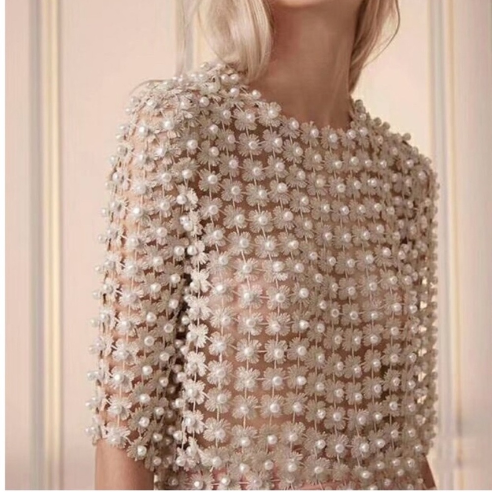 Embellished Pearl Grid Short-Sleeve Blouse — Cream